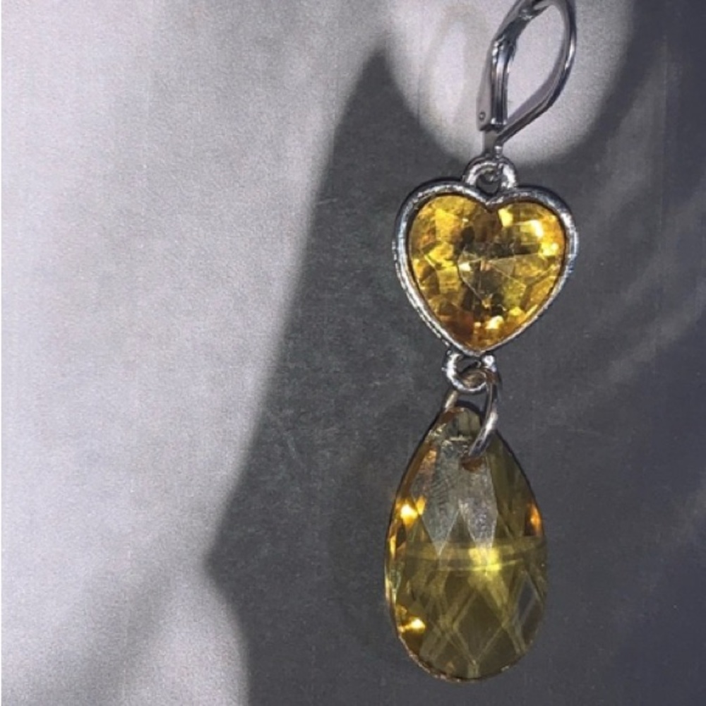 Hand Crafted yellow golden sheer heart drop dangle pierced earring with crystal